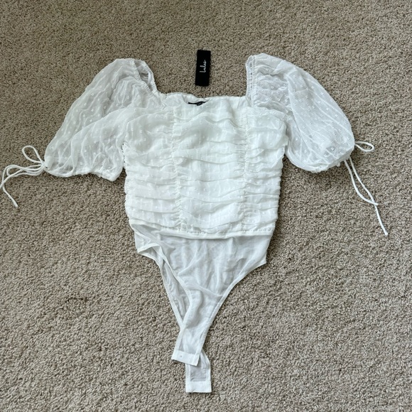 Lulus Think of Me Ivory Swiss Dot Ruched Bodysuit - Picture 5 of 7